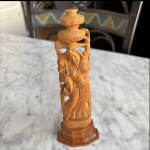 Vtg Resin Figurine-Carved Raised Look-Indian Woman Art Vase on Head Holding Baby